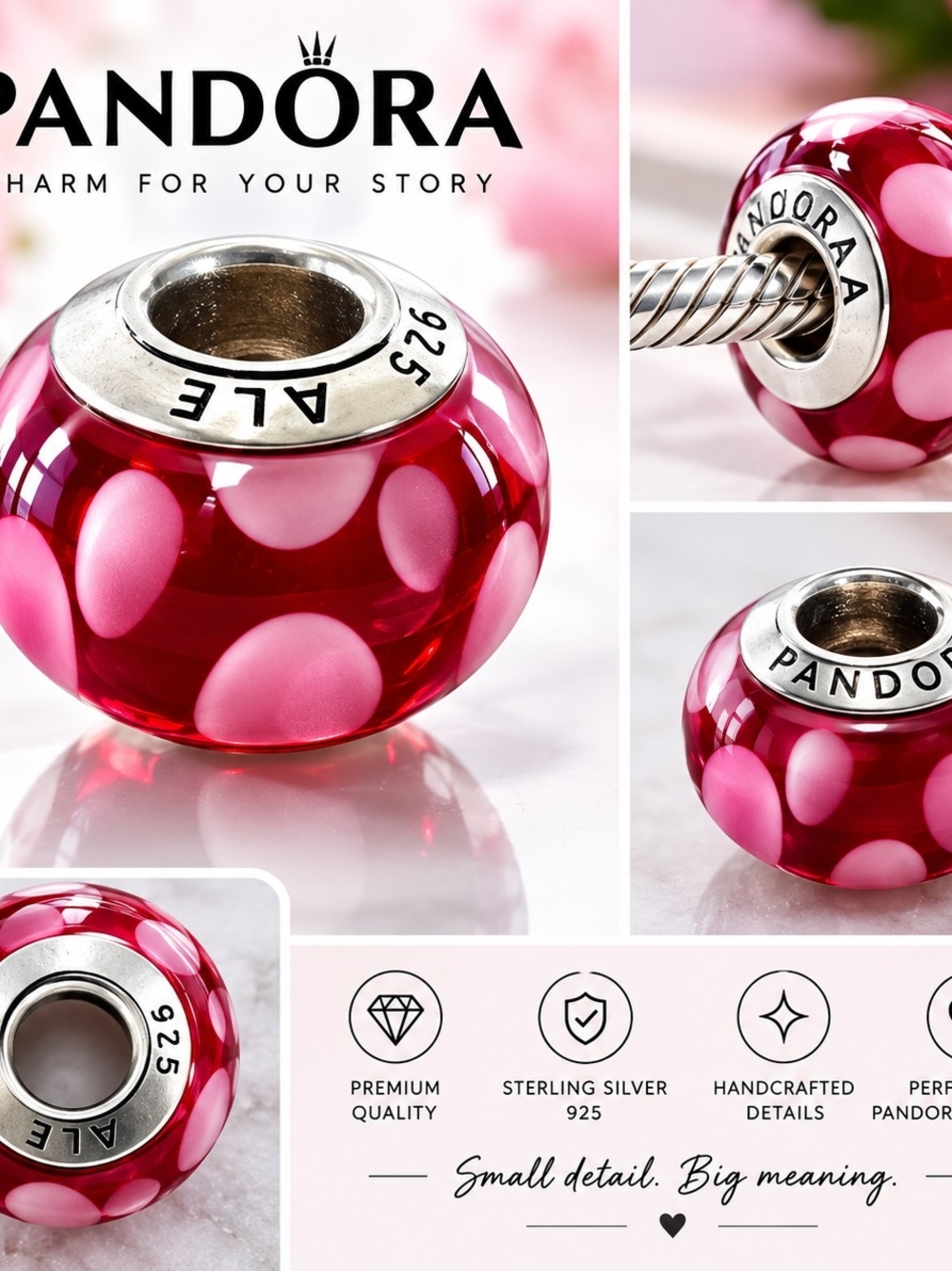 Pandora Red and Pink Polka Dot Murano Glass Charm